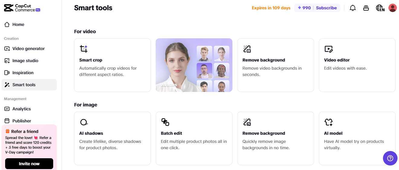 Pippit dashboard highlighting smart tools for video marketing, including background removal and AI shadows.